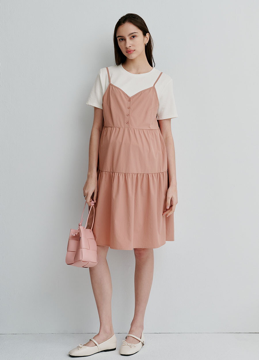 假兩件細肩帶蛋糕短孕哺洋裝