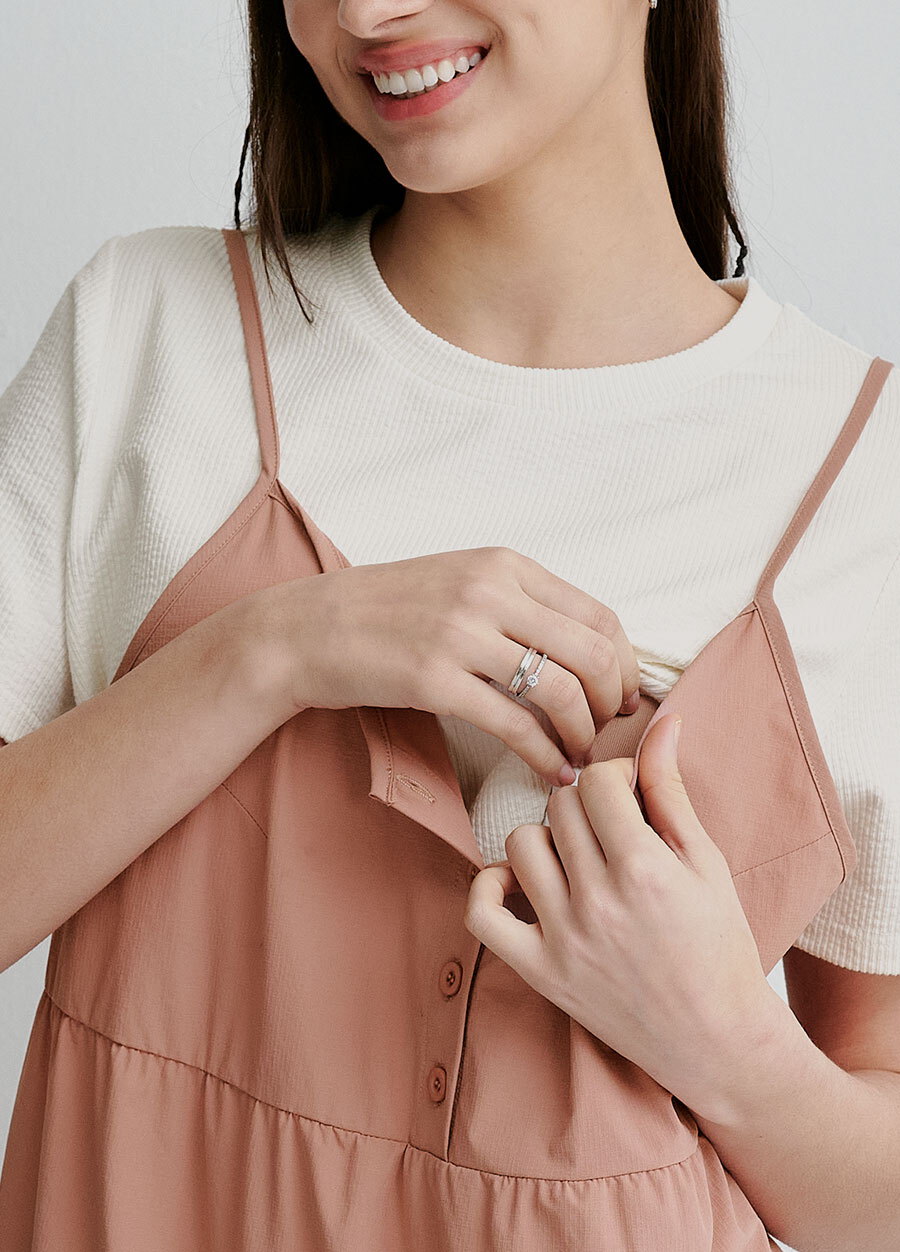 假兩件細肩帶蛋糕短孕哺洋裝