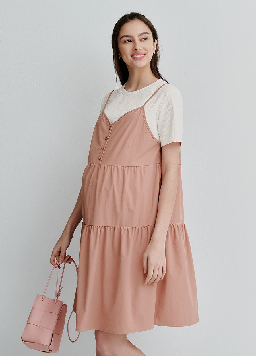 假兩件細肩帶蛋糕短孕哺洋裝