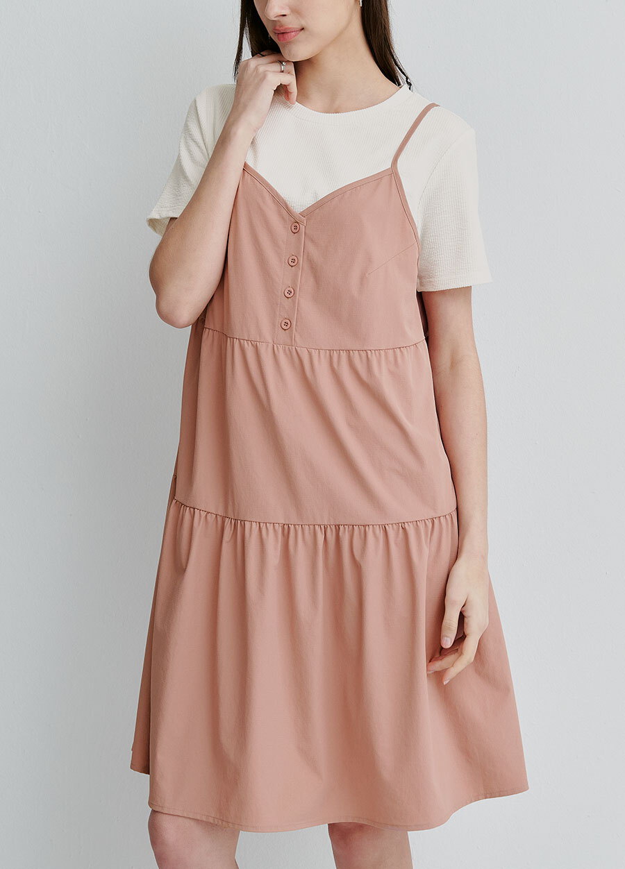 假兩件細肩帶蛋糕短孕哺洋裝