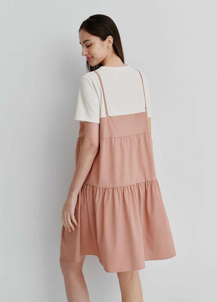 假兩件細肩帶蛋糕短孕哺洋裝