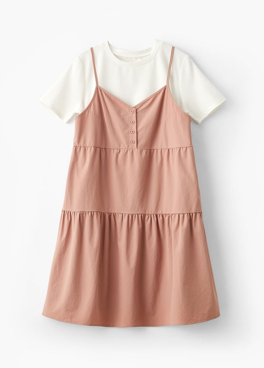 假兩件細肩帶蛋糕短孕哺洋裝