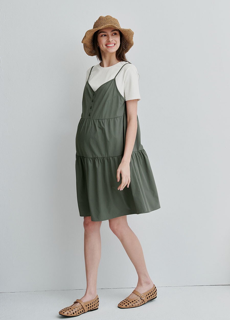 假兩件細肩帶蛋糕短孕哺洋裝