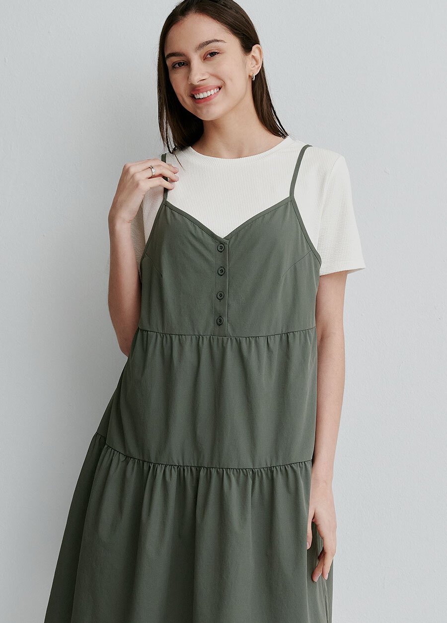 假兩件細肩帶蛋糕短孕哺洋裝