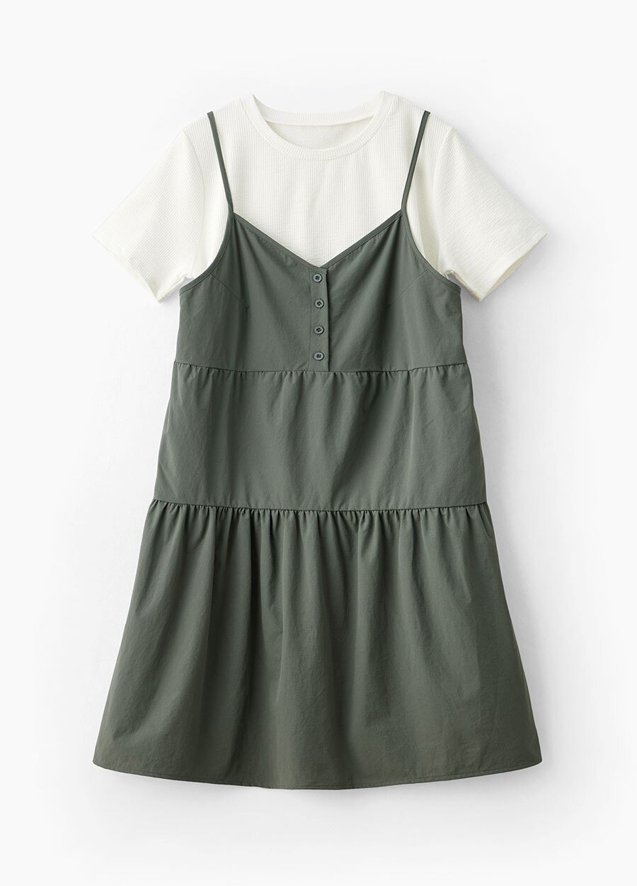 假兩件細肩帶蛋糕短孕哺洋裝