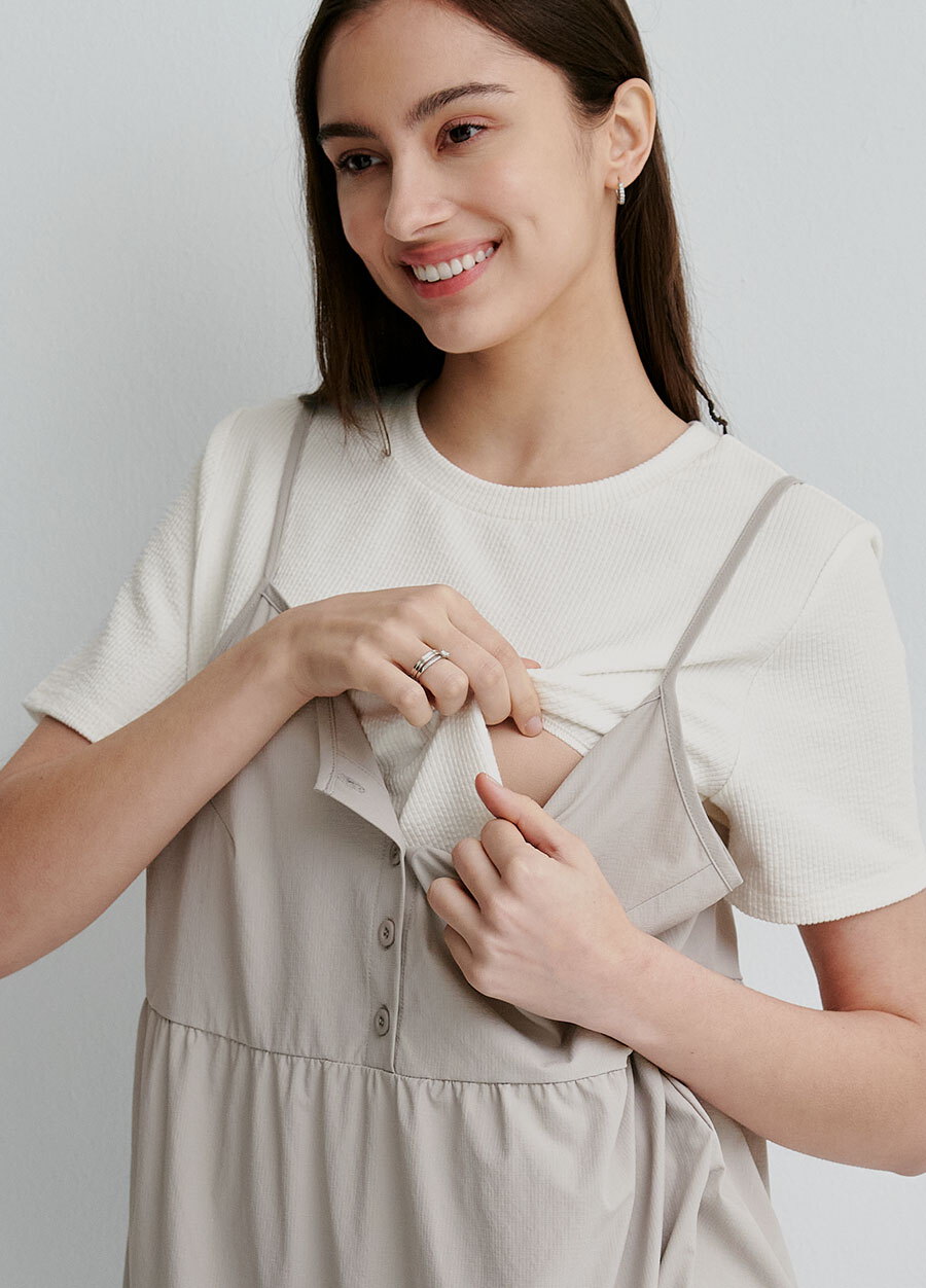 假兩件細肩帶蛋糕短孕哺洋裝