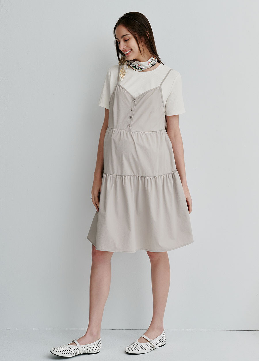 假兩件細肩帶蛋糕短孕哺洋裝