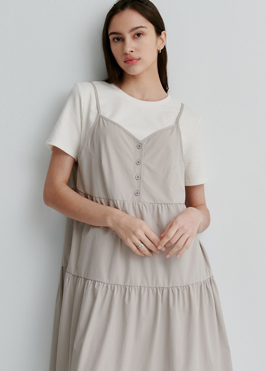 假兩件細肩帶蛋糕短孕哺洋裝