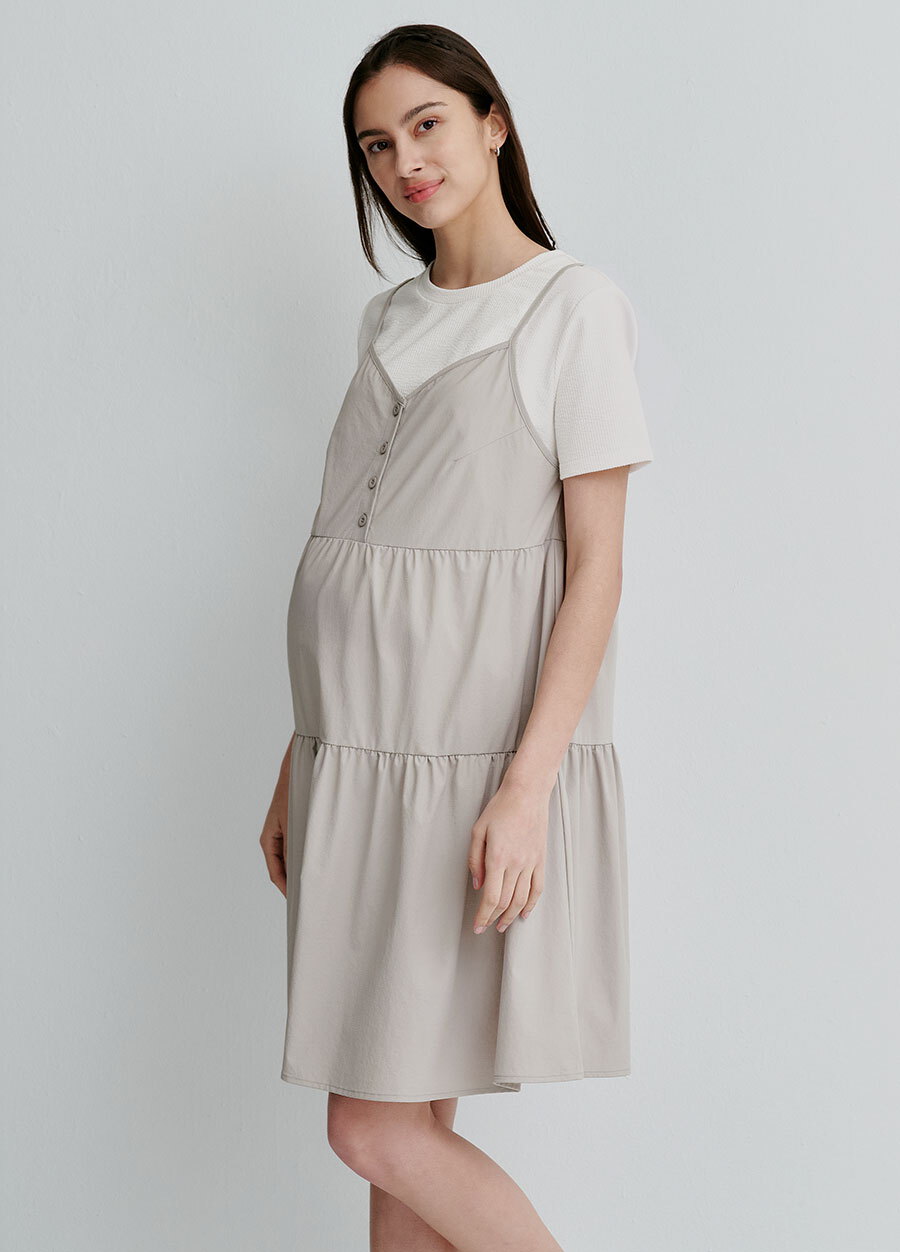 假兩件細肩帶蛋糕短孕哺洋裝