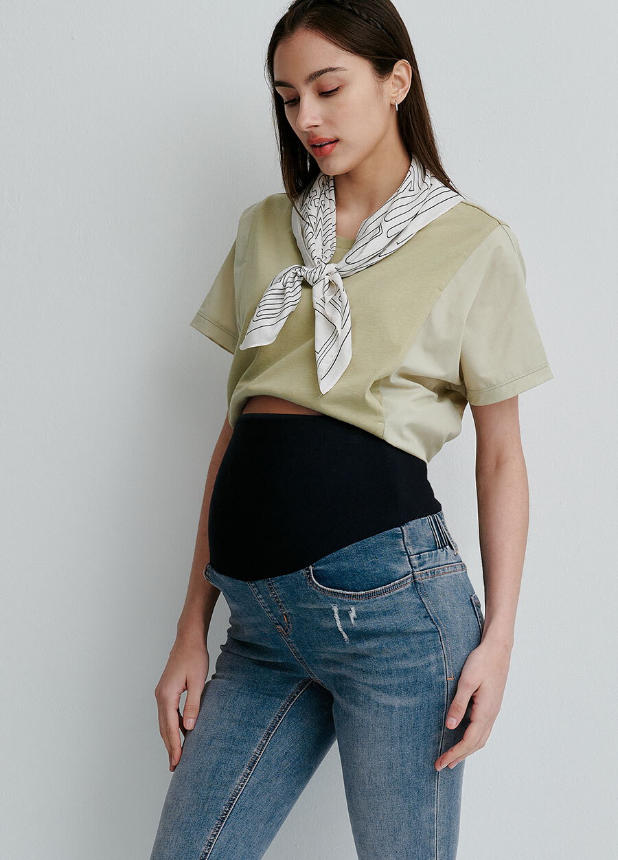 不對稱割破窄管牛仔孕婦褲