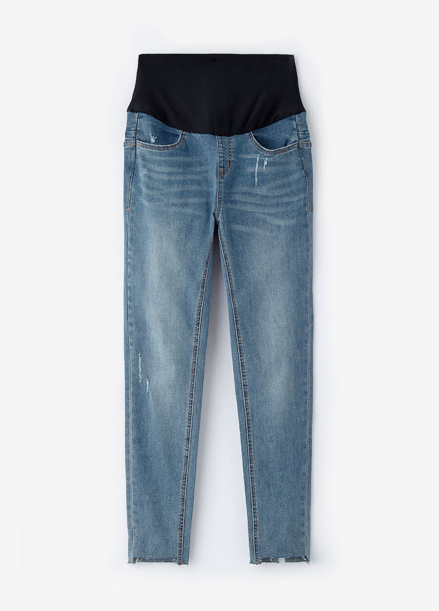 不對稱割破窄管牛仔孕婦褲