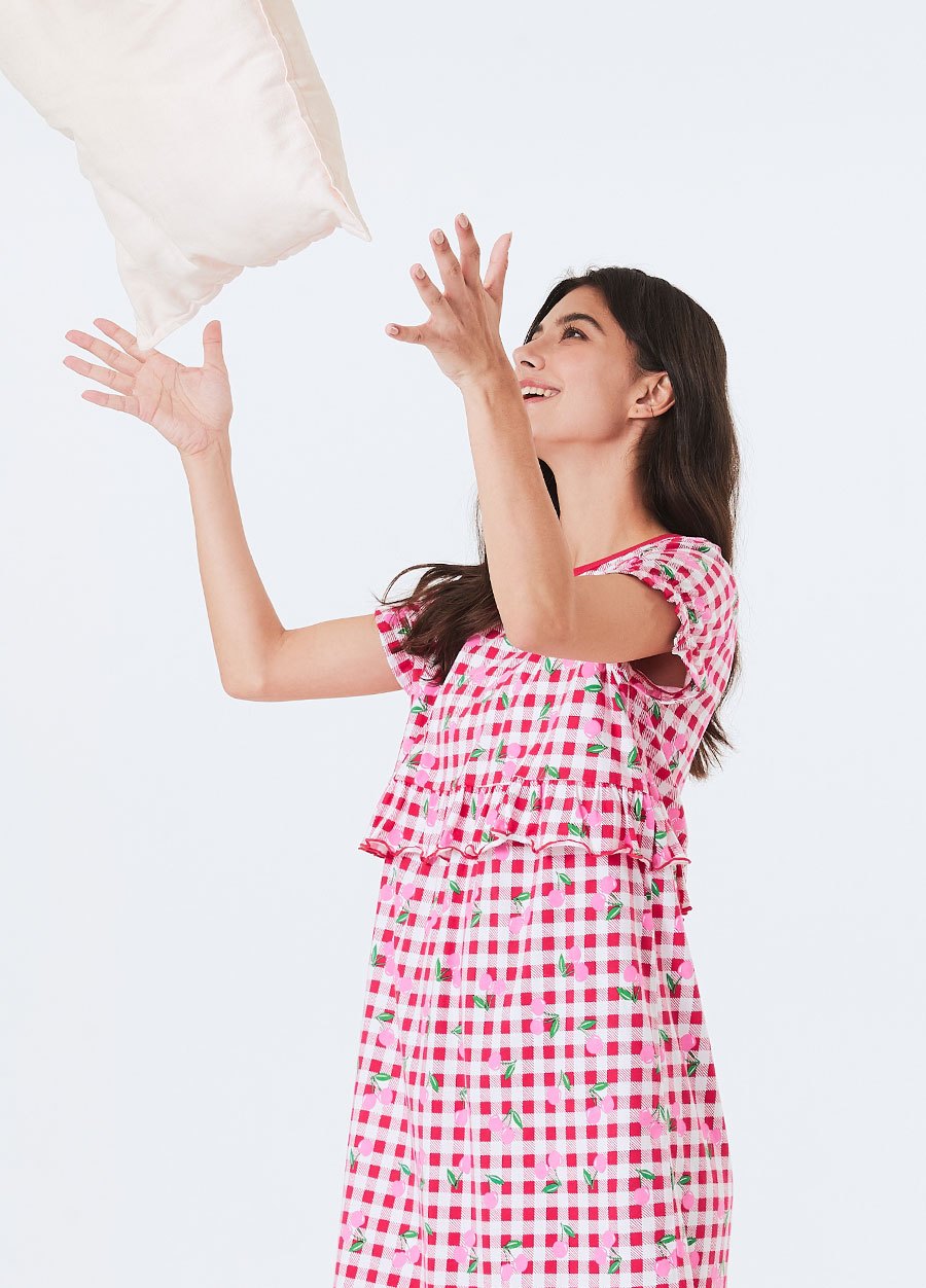 格紋櫻桃荷葉孕哺居家服組(洋裝+長褲)