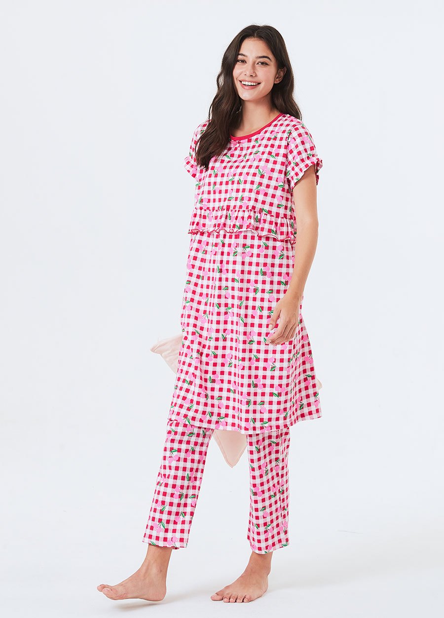 格紋櫻桃荷葉孕哺居家服組(洋裝+長褲)