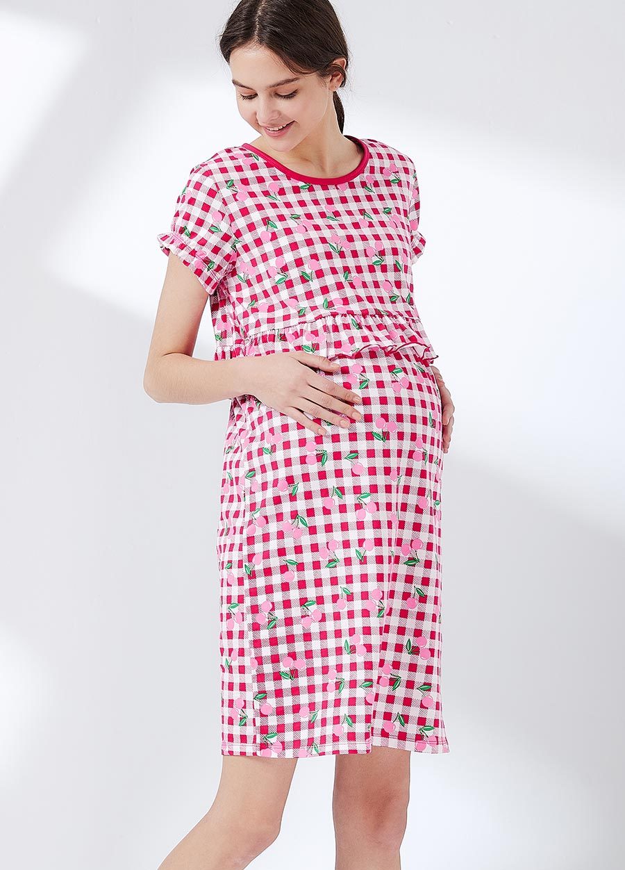 格紋櫻桃荷葉孕哺居家服組(洋裝+長褲)