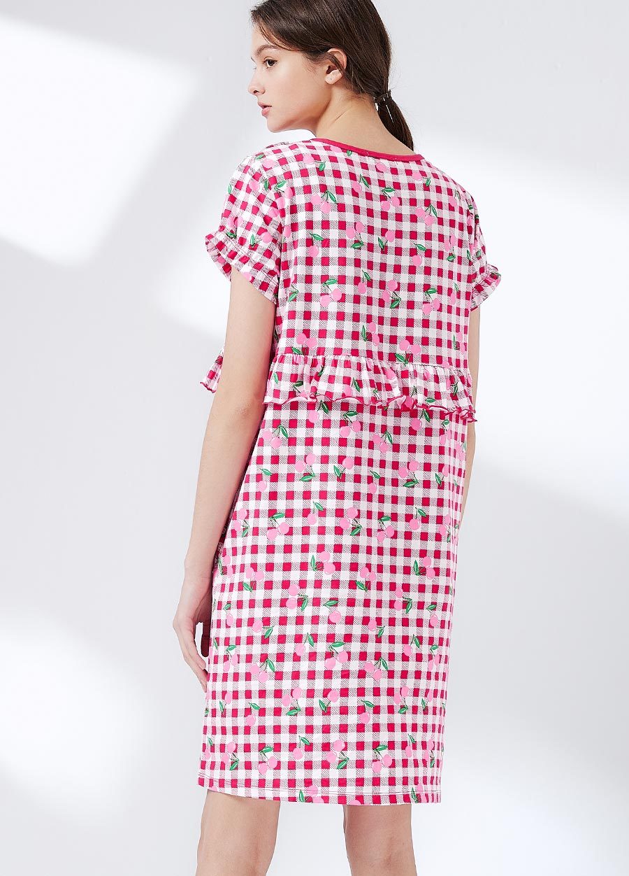 格紋櫻桃荷葉孕哺居家服組(洋裝+長褲)
