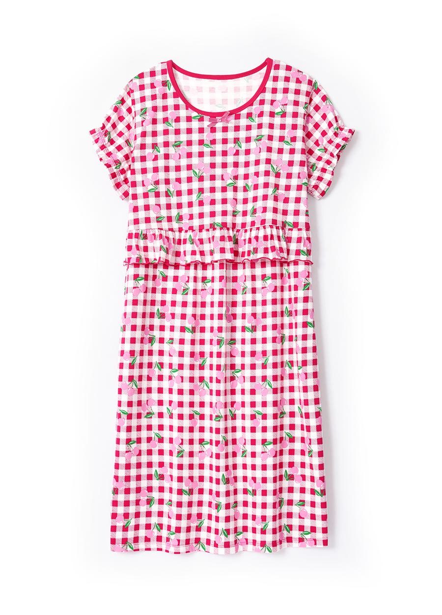 格紋櫻桃荷葉孕哺居家服組(洋裝+長褲)