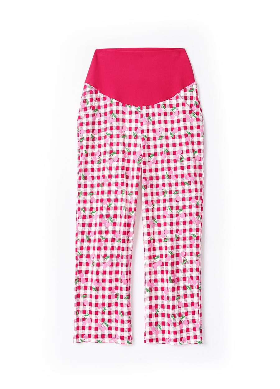 格紋櫻桃荷葉孕哺居家服組(洋裝+長褲)