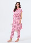 格紋櫻桃荷葉孕哺居家服組(洋裝+長褲)