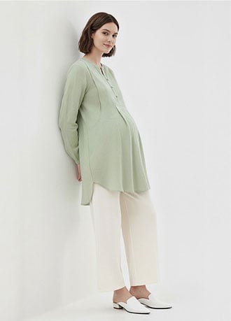 立領弧形剪接長版孕哺上衣