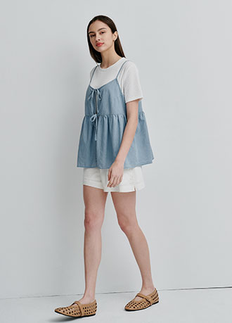 牛仔假兩件細肩帶孕哺上衣