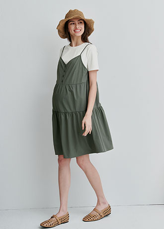 假兩件細肩帶蛋糕短孕哺洋裝