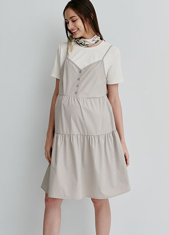 假兩件細肩帶蛋糕短孕哺洋裝