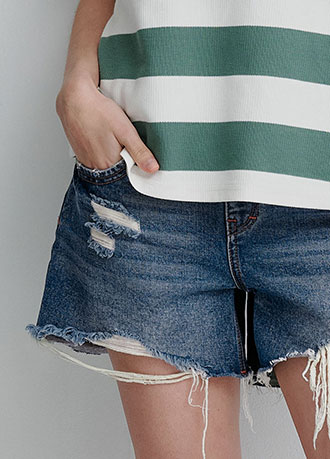 抓破刷色抽鬚牛仔孕婦短褲