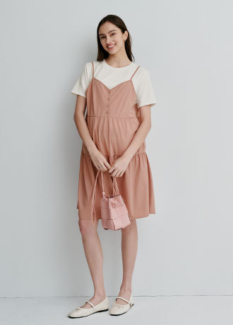 假兩件細肩帶蛋糕短孕哺洋裝