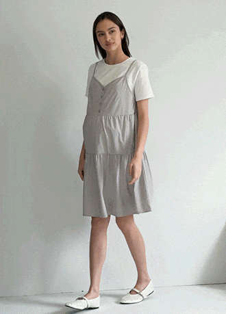 假兩件細肩帶蛋糕短孕哺洋裝