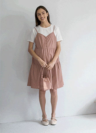 假兩件細肩帶蛋糕短孕哺洋裝