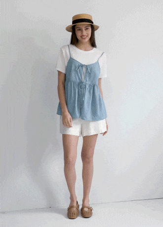 牛仔假兩件細肩帶孕哺上衣