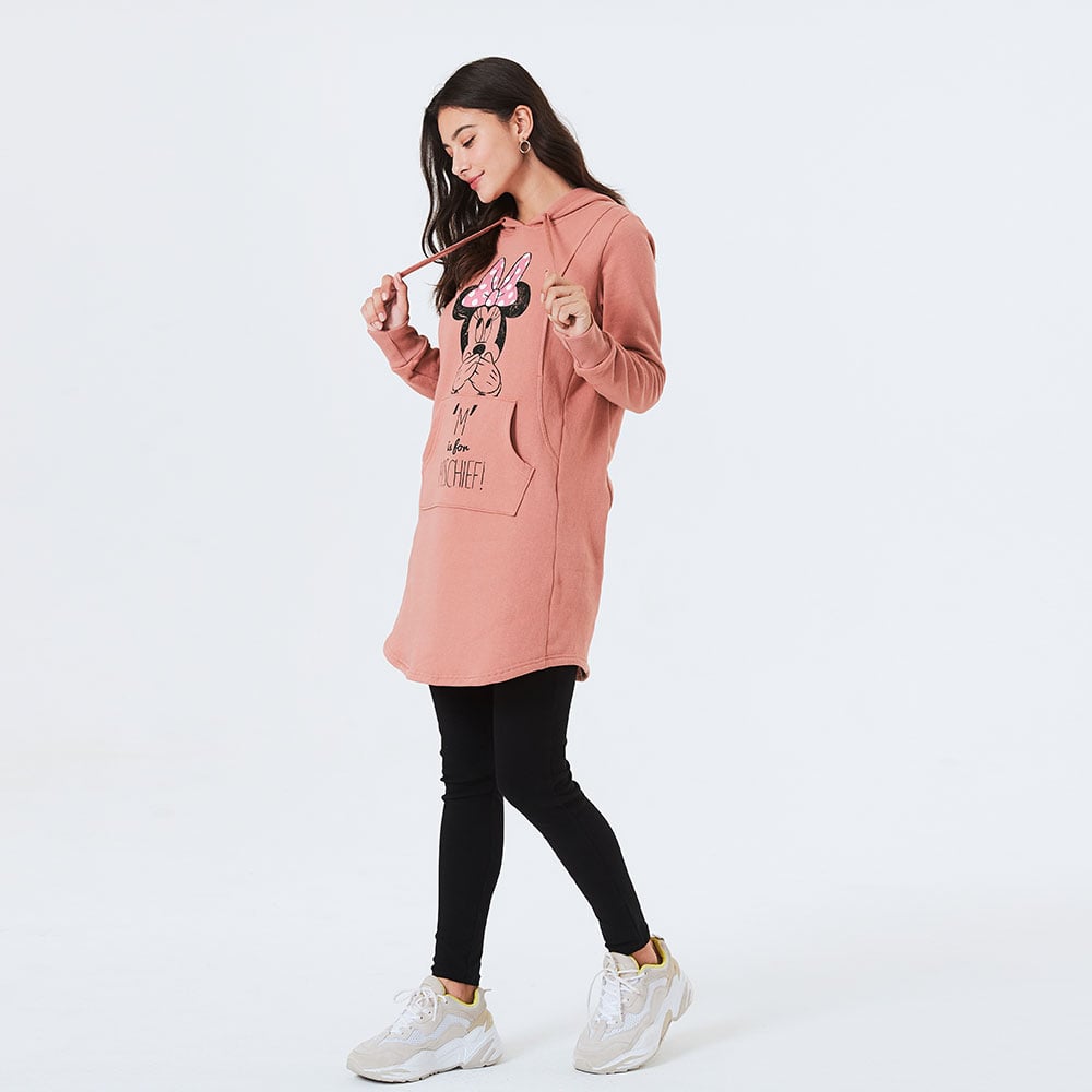 迪士尼米妮長版厚刷毛孕哺帽T