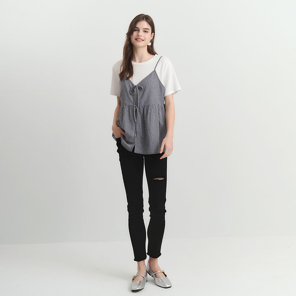 Fake two-piece spaghetti strap maternity top