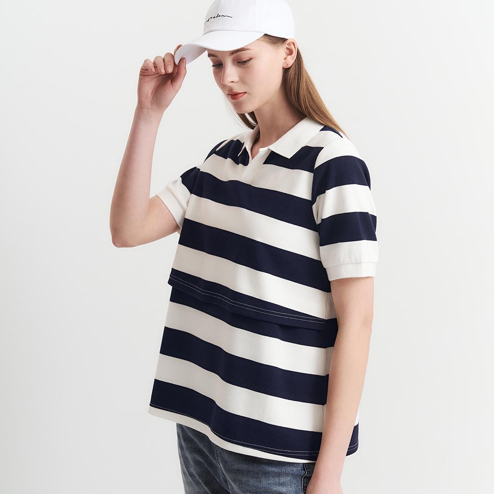 V-neck lapel horizontal striped maternity top