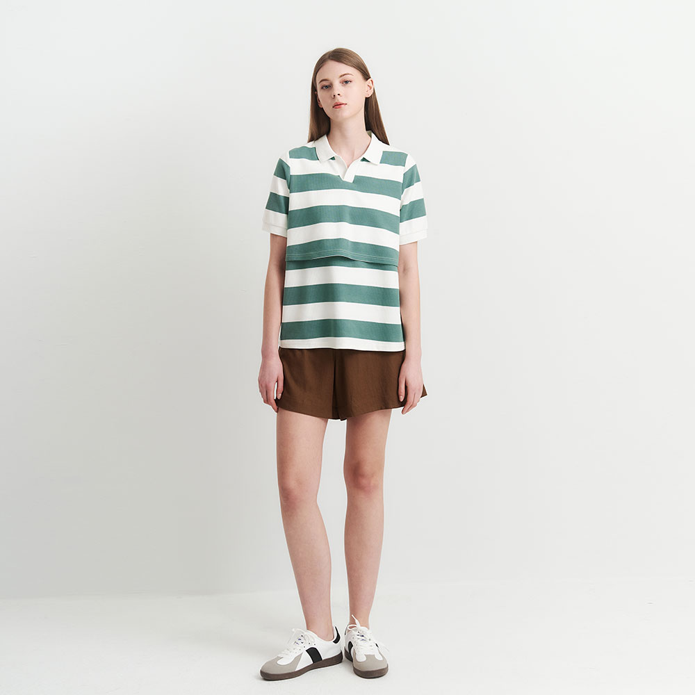 V-neck lapel horizontal striped maternity top