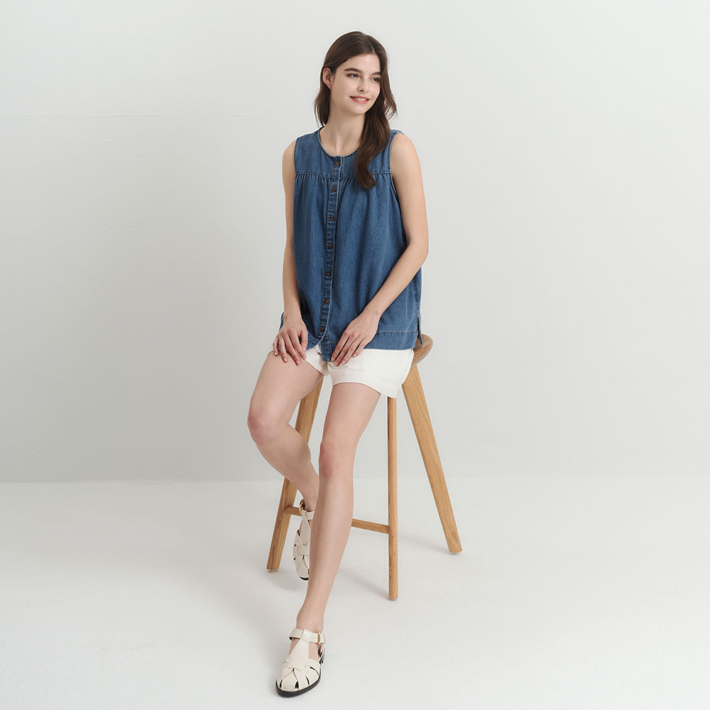 Washed Denim Sleeveless Shirred Maternity Top