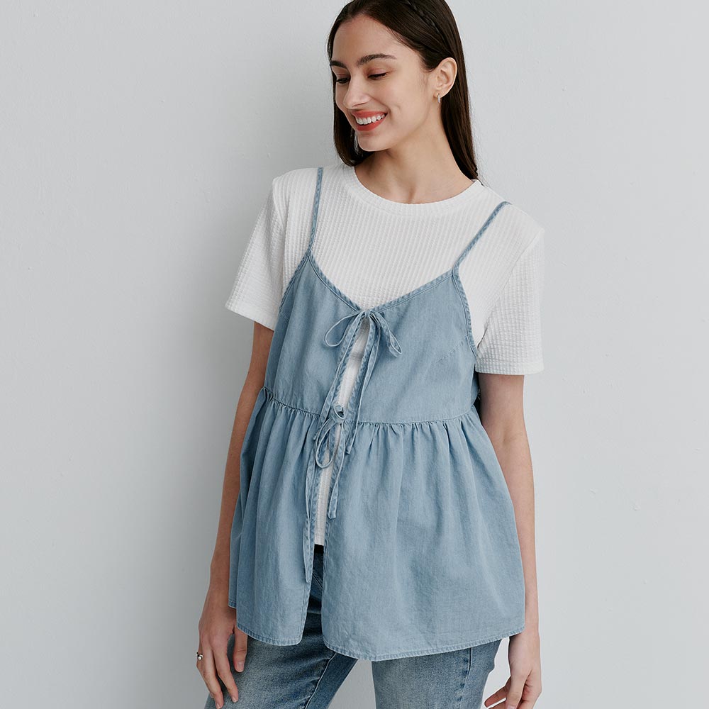 牛仔假兩件細肩帶孕哺上衣