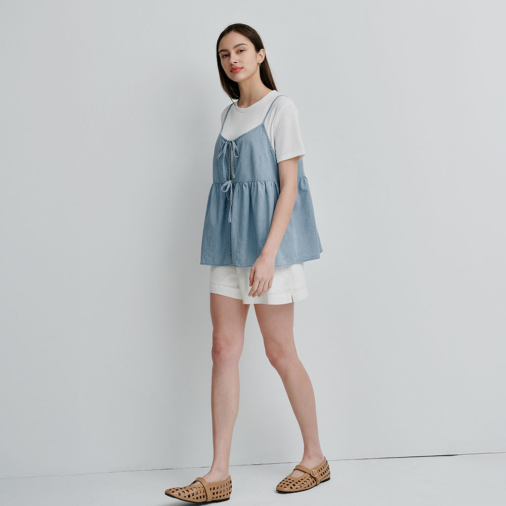 牛仔假兩件細肩帶孕哺上衣