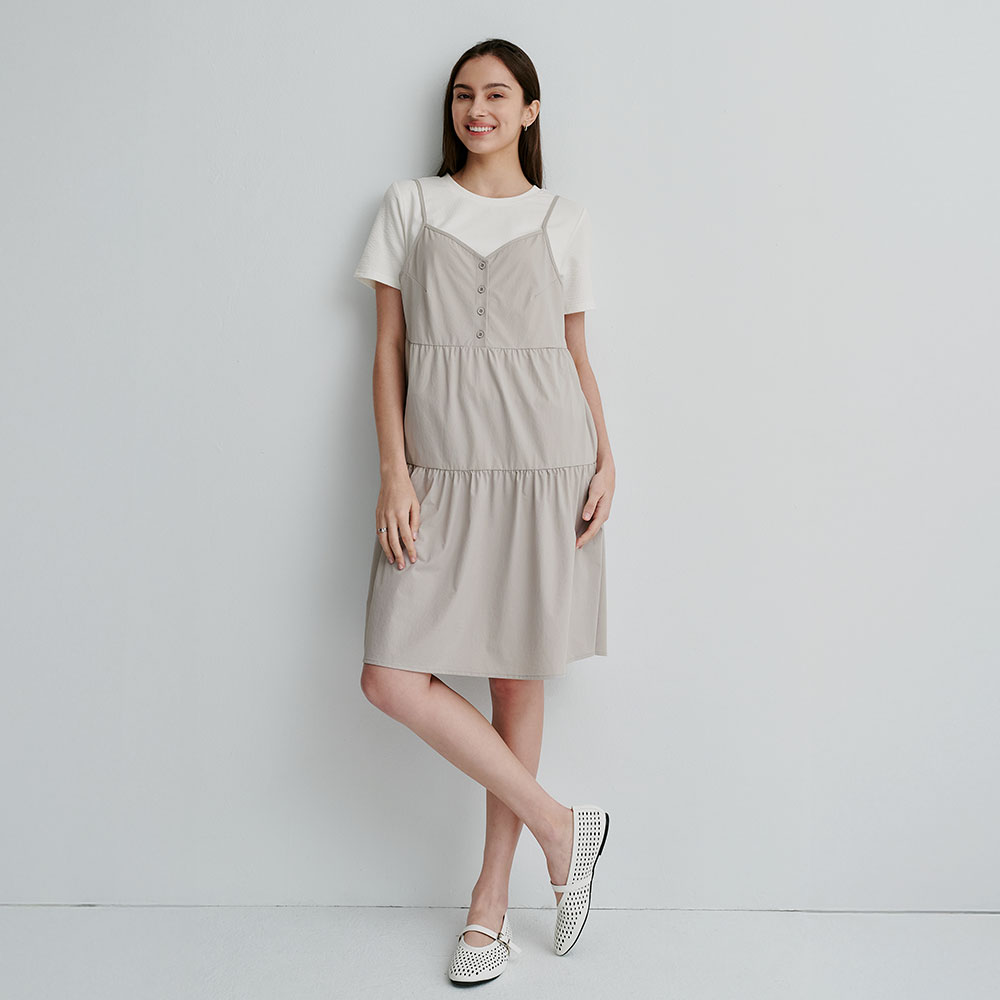 假兩件細肩帶蛋糕短孕哺洋裝