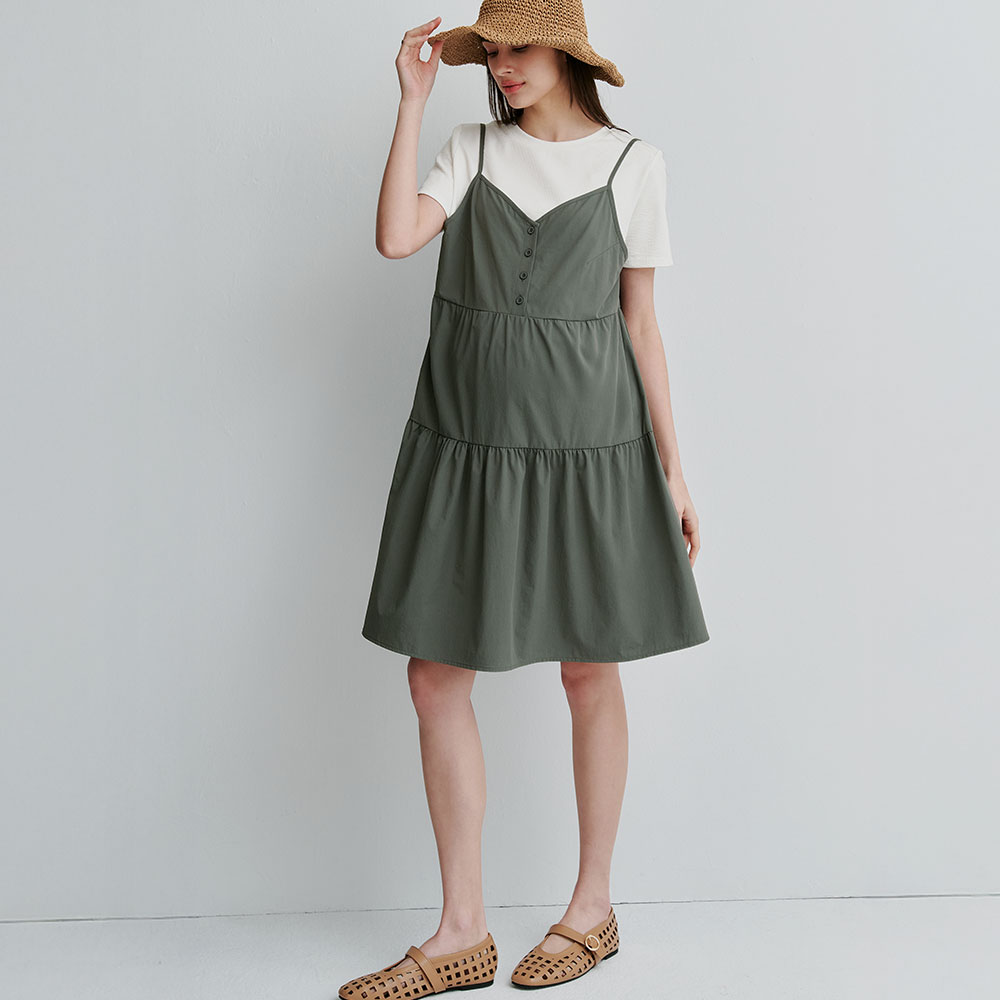 假兩件細肩帶蛋糕短孕哺洋裝