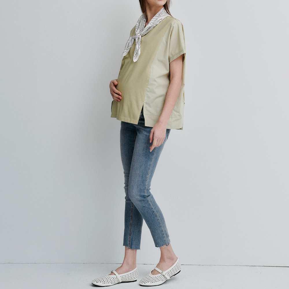 不對稱割破窄管牛仔孕婦褲 不對稱割破窄管牛仔孕婦褲